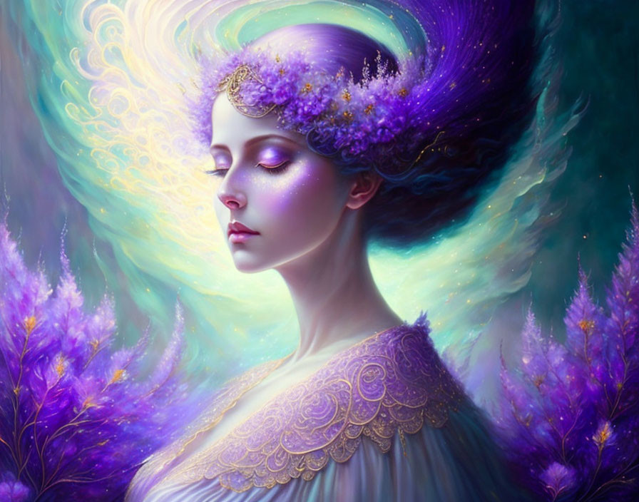 Woman with Purple Floral Adornments in Mystical Setting