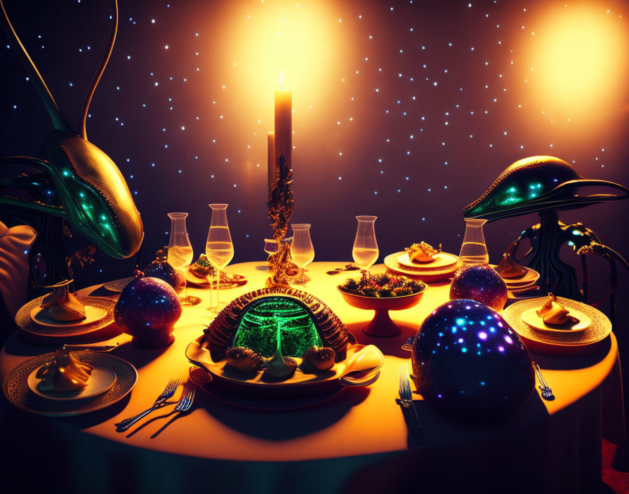 Elaborate futuristic dinner table with glowing orbs, candle, and extraterrestrial chairs