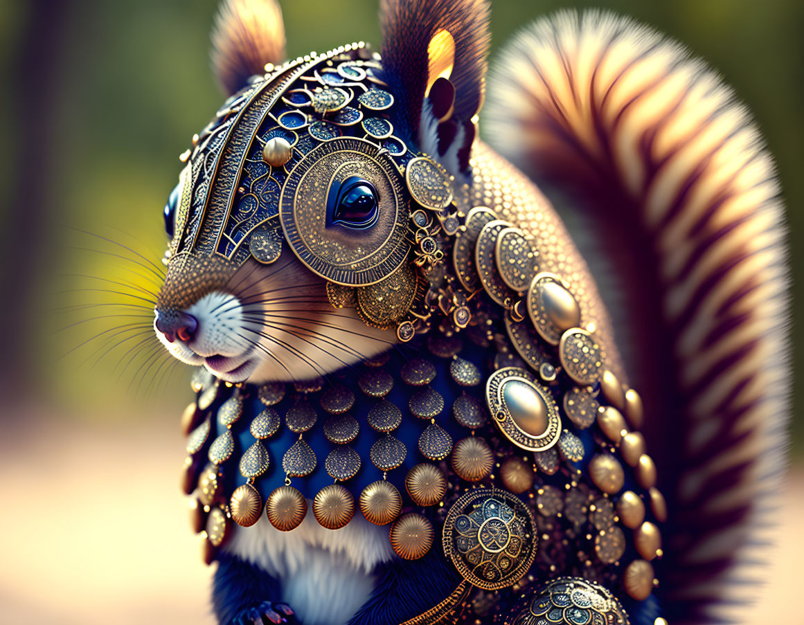 Luxuriously adorned squirrel with golden jewelry in forest setting