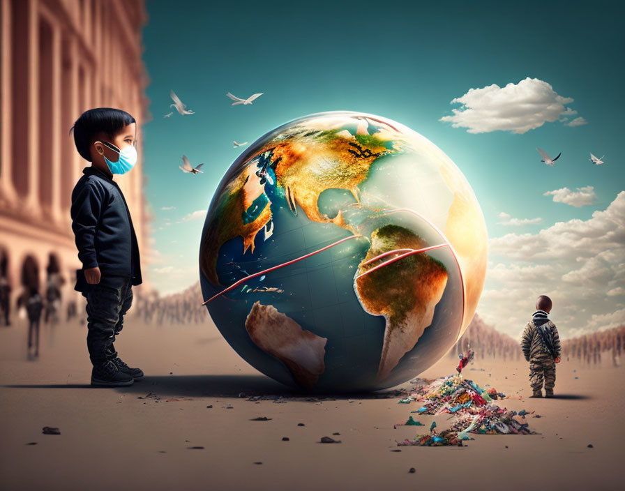 Child in mask gazes at globe with birds while another cleans trash in surreal scene