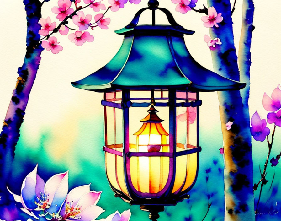 Colorful Watercolor-Style Asian Lantern Among Cherry Blossoms