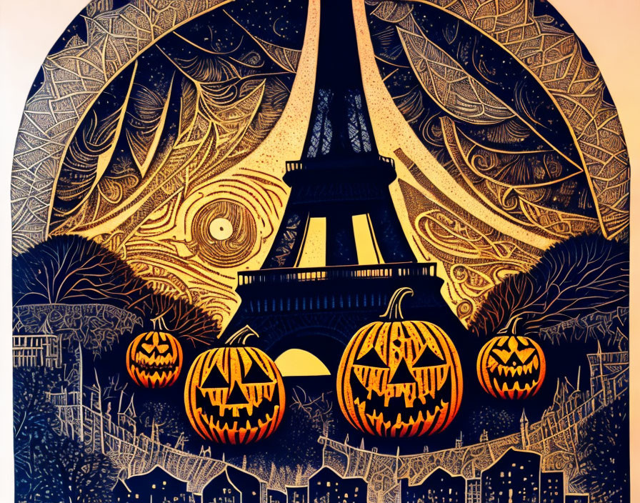 Illustration of Eiffel Tower, jack-o'-lanterns, city skyline, and styl