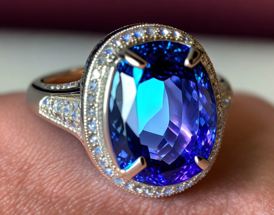 Luxurious Blue Gemstone Ring with Diamonds on Gold and Silver Band