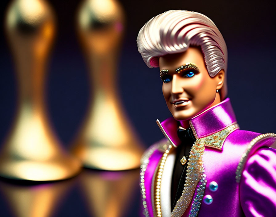 Male doll with white hair and purple jacket against chess pieces