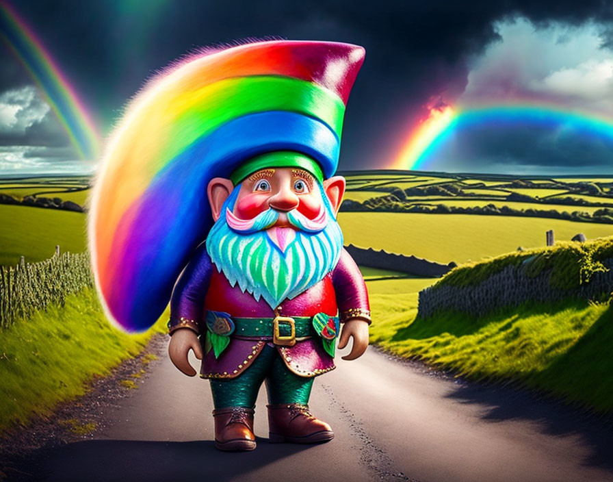 Colorful garden gnome with rainbow hat in rural setting