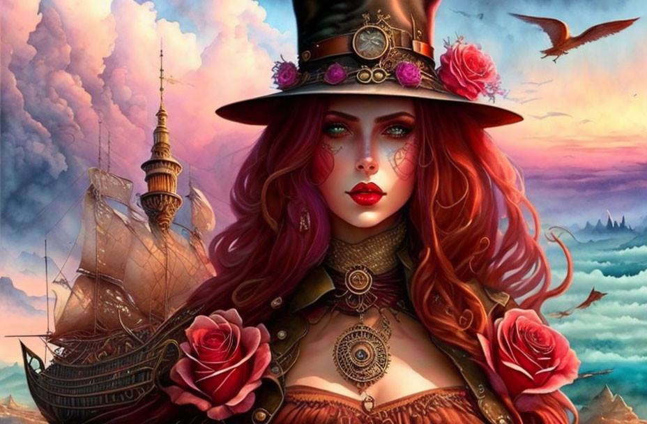 Red-haired woman in steampunk attire with gear and rose hat, ship and birds in background