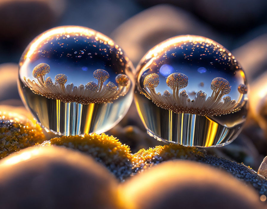 Transparent water droplets magnify textured surface, reflecting warm golden glow and blue skies.