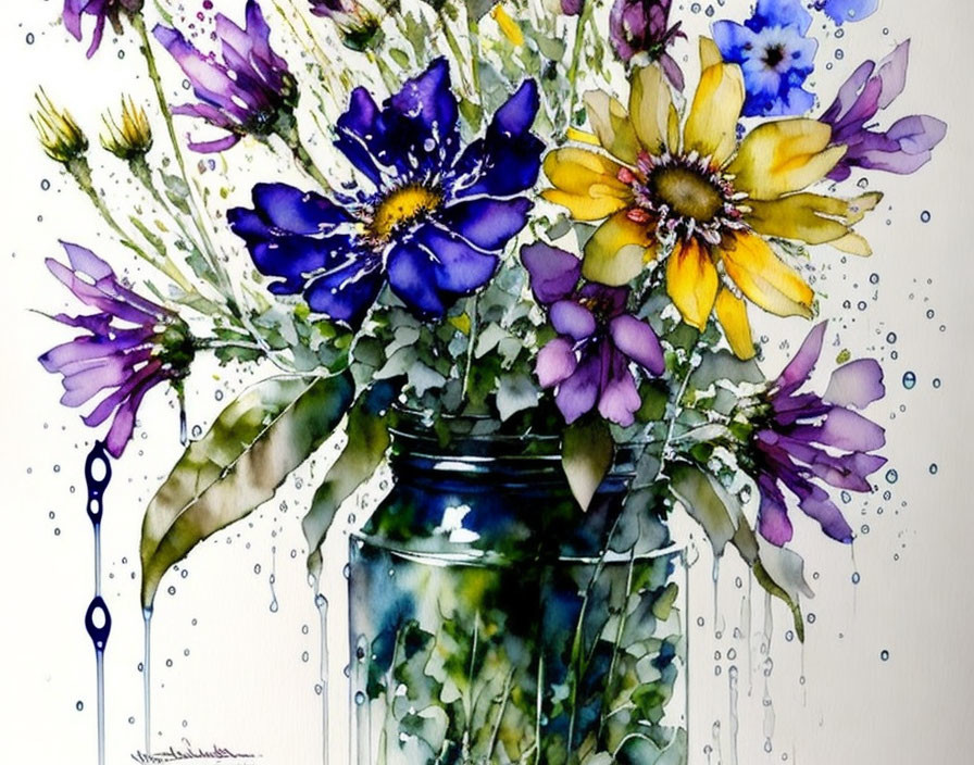 Colorful Watercolor Painting of Wildflower Bouquet in Glass Jar