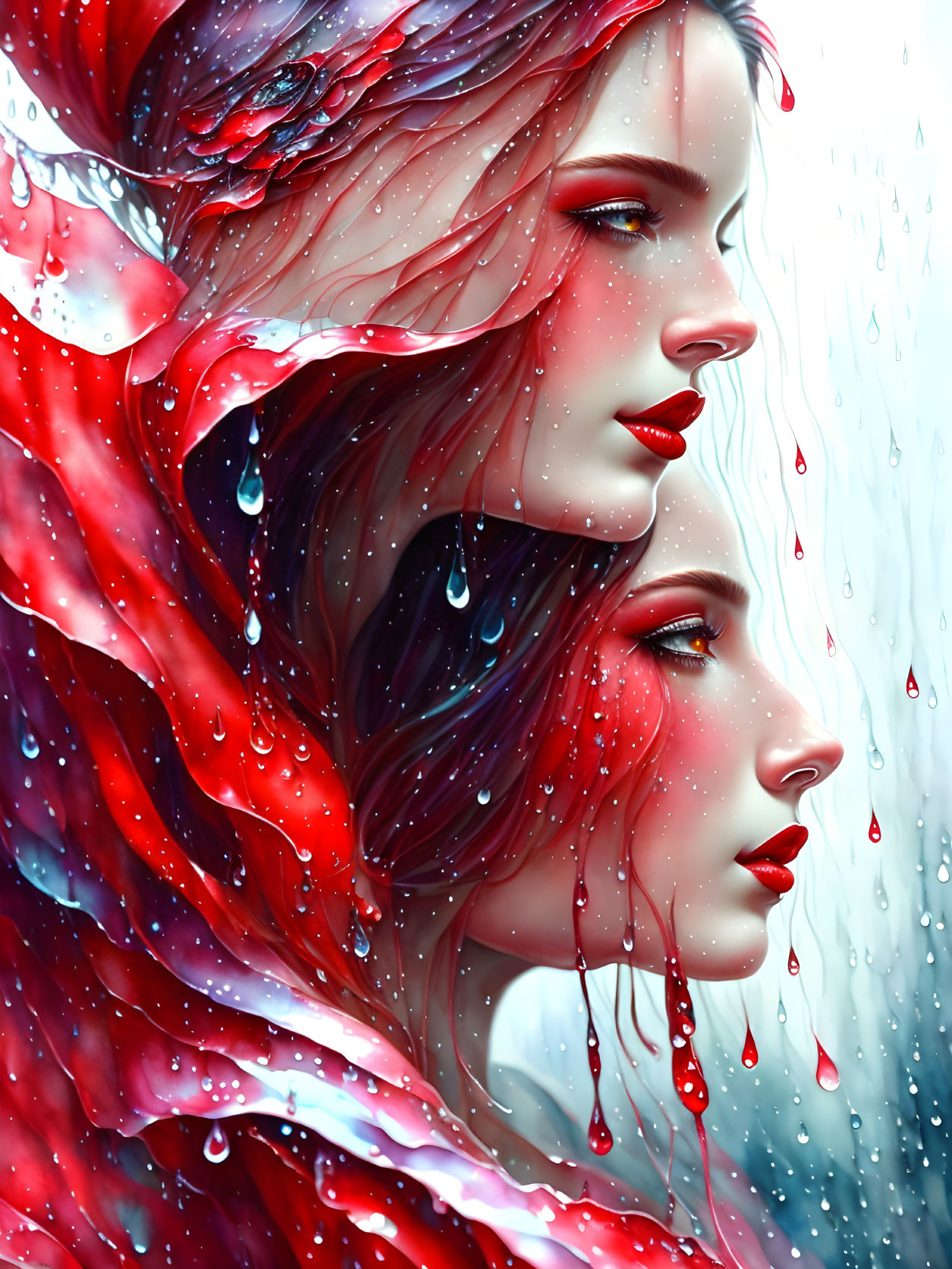 Vibrant red-haired women with striking makeup profiled against raindrops and red petals