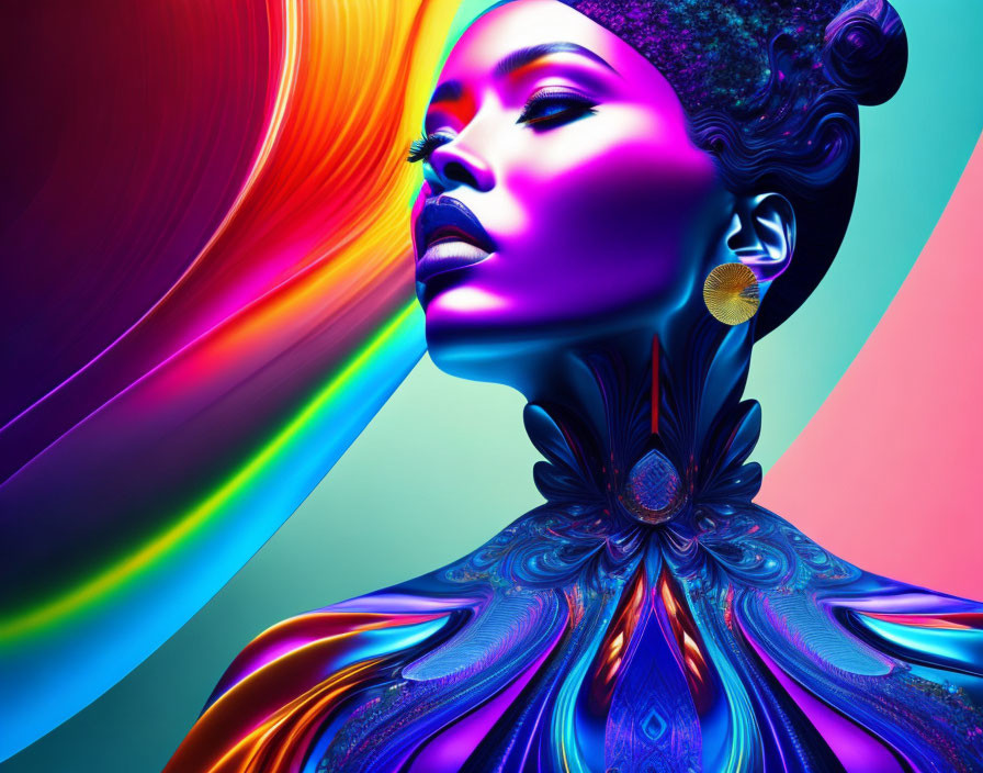 Vibrant digital artwork of a woman in rainbow hues