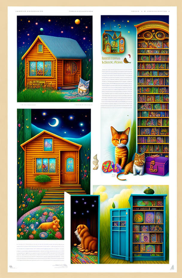 Whimsical anthropomorphic cat illustrations in cozy scenes