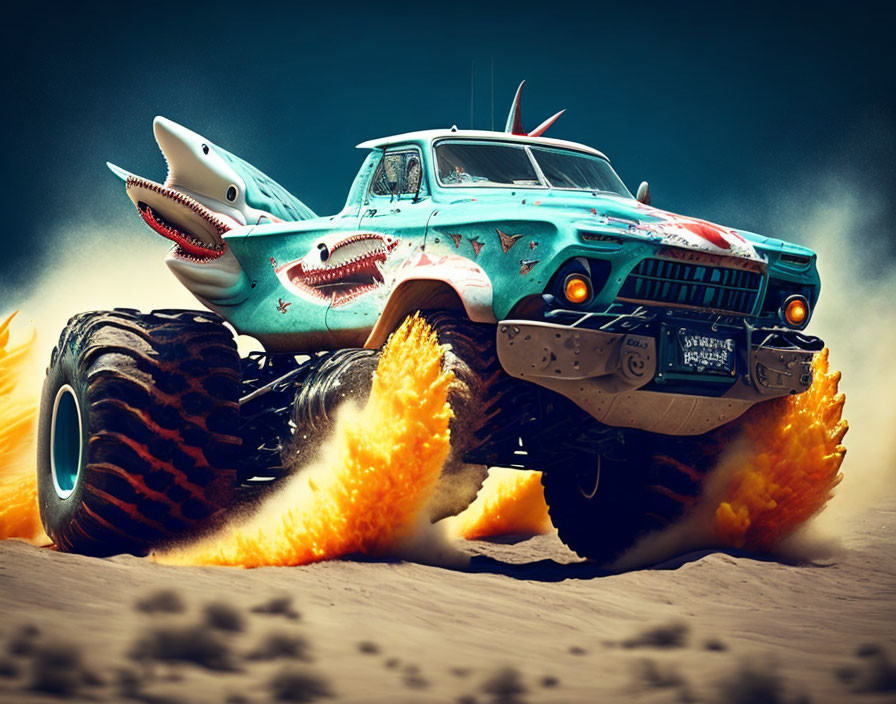 Shark-themed monster truck jumping with flames.