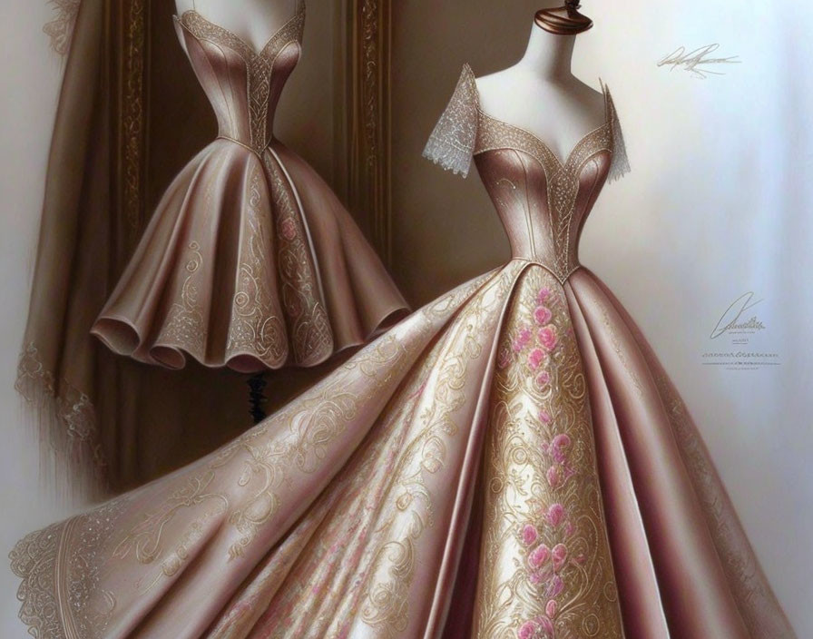 Vintage-style ball gown with pink floral embroidery, fitted bodice, and flared skirt on manne