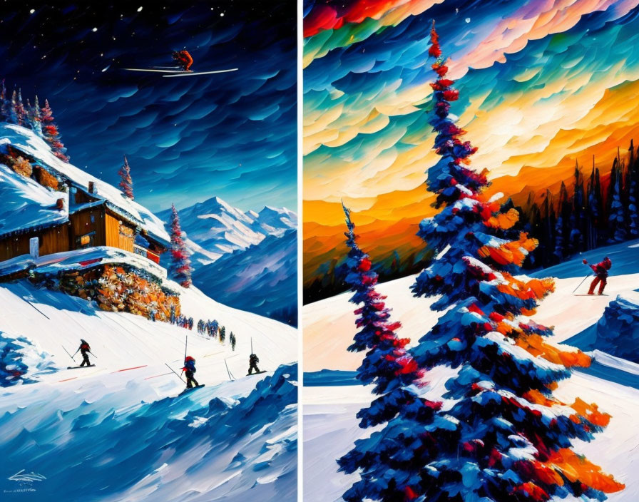 Colorful painting of skiers on snowy slopes with cabin, trees, starry sky, and comet