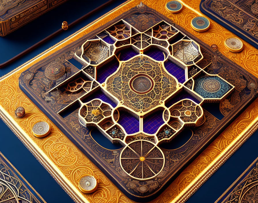 Intricate Gold and Blue Embellished Board Game on Dark Surface