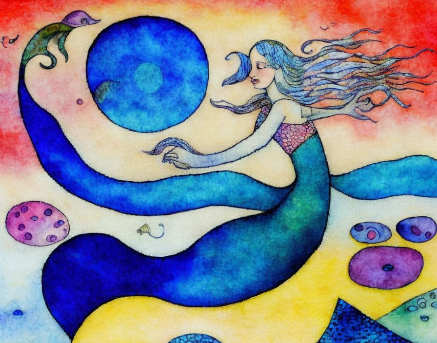 Colorful watercolor artwork of a mermaid swimming in a blue wave with sea life.