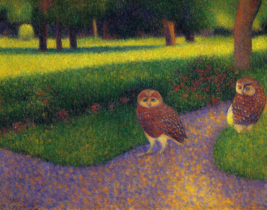 Pointillist Painting: Owls on Path with Greenery and Florals at Twilight