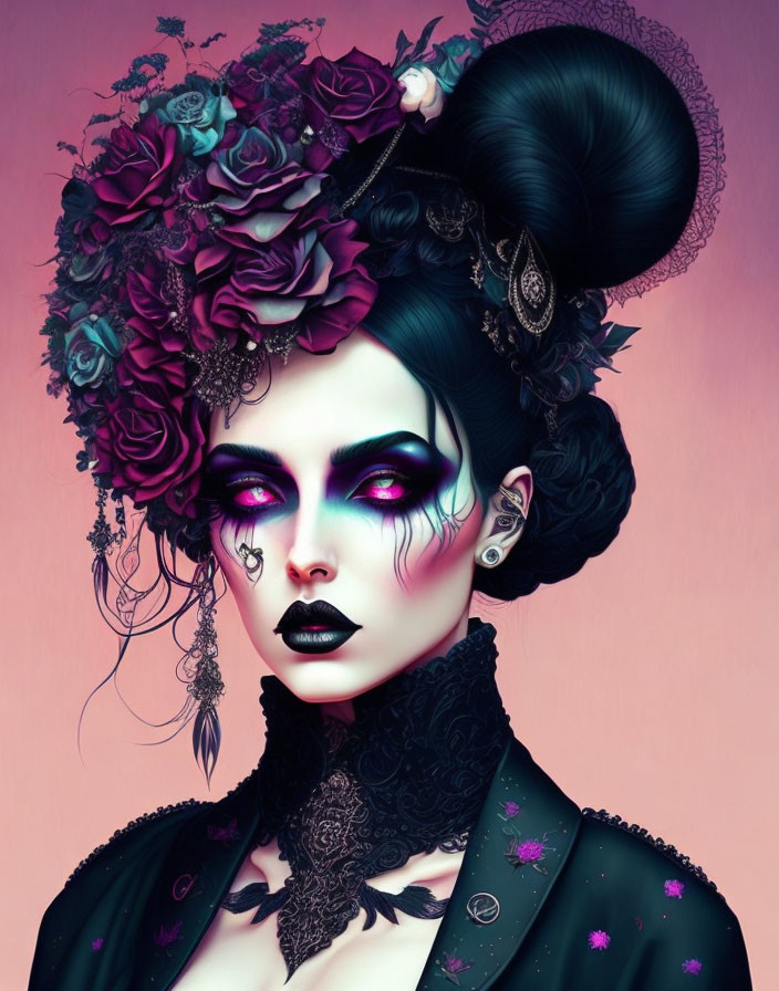 Illustration of gothic woman with dark hair, floral headpiece, dramatic makeup, piercings