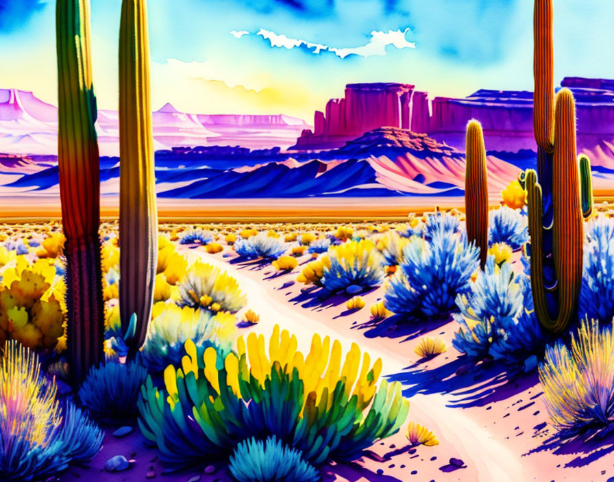 Vibrant desert landscape with tall cacti and rock formations