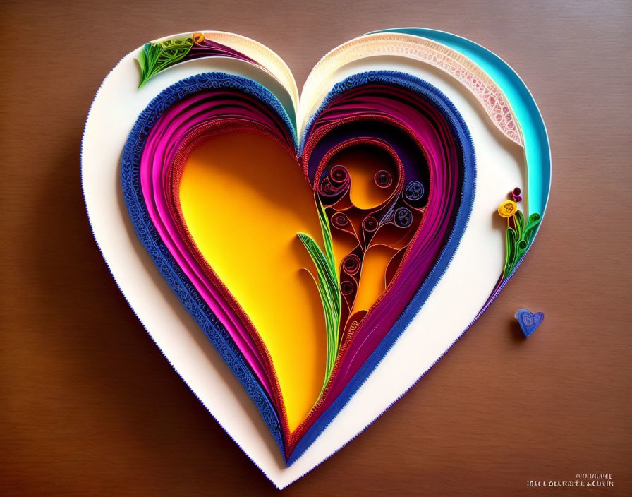 Colorful Quilled Paper Heart Art on Wooden Surface