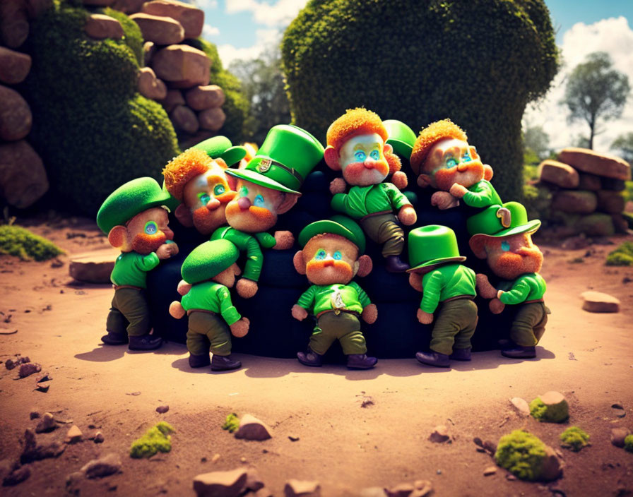 Whimsical outdoor scene with animated leprechauns in green outfits