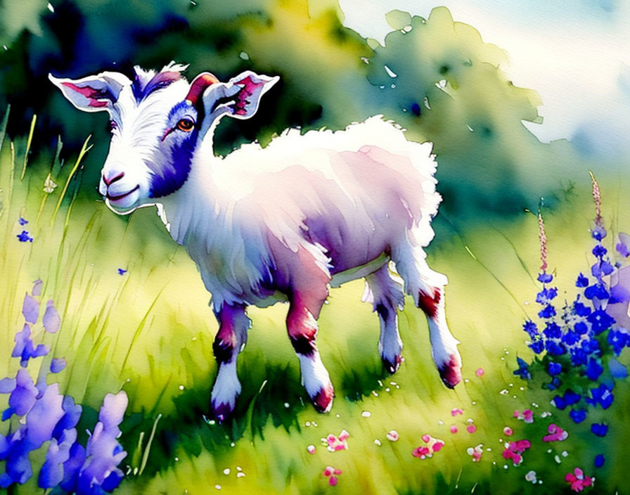 Vibrant illustration of white goat in colorful meadow