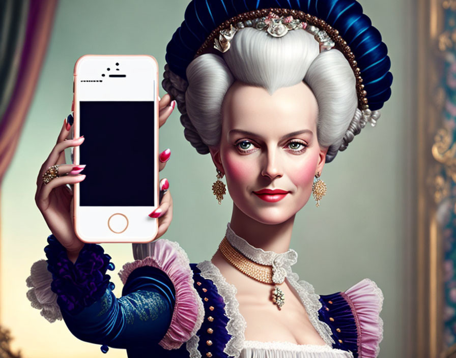 Digital artwork: Woman in 18th-century fashion with smartphone