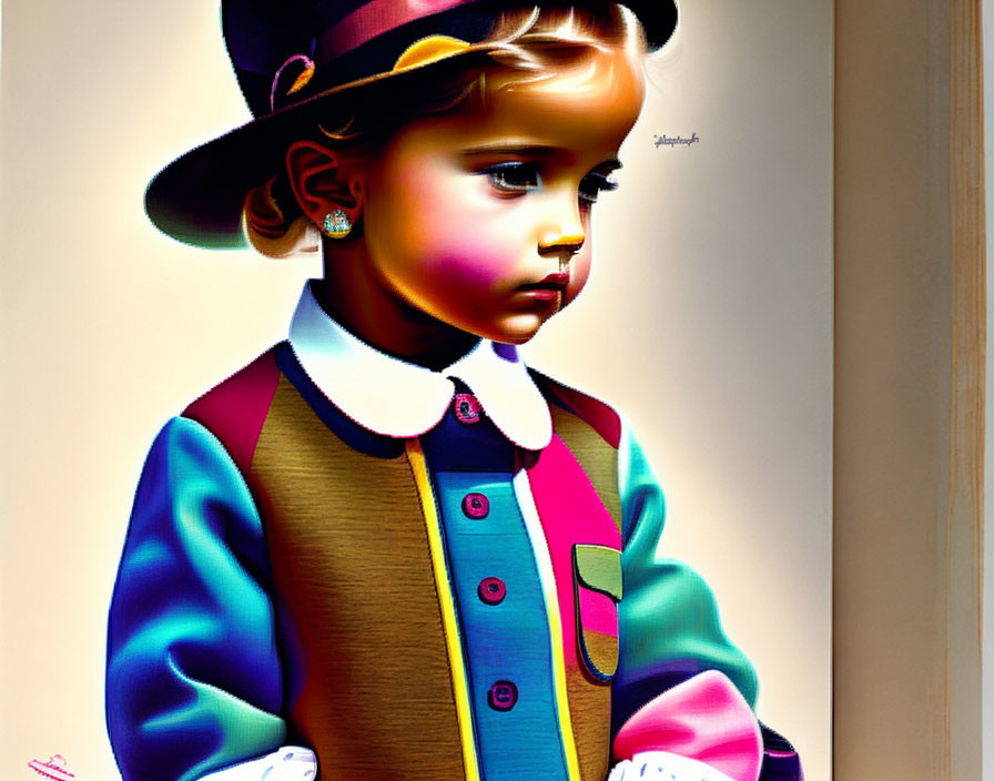 Colorful Stylized Illustration of Young Girl in Patchwork Hat and Jacket