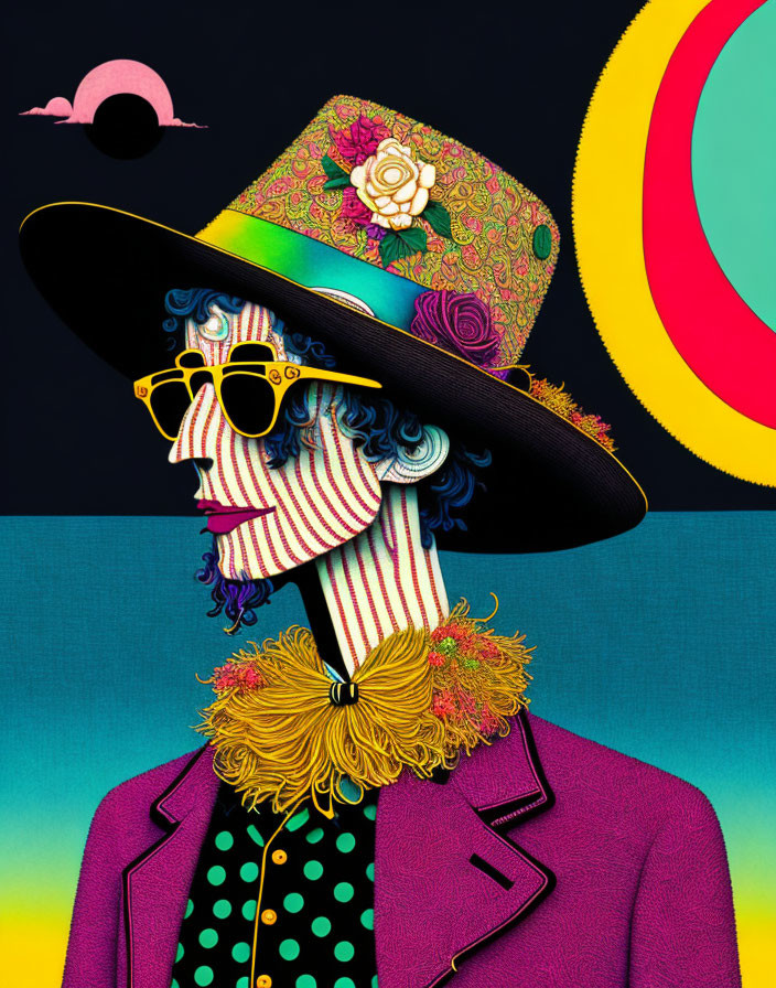 Colorful Portrait with Patterned Skin, Hat, Sunglasses, and Ruffled Collar against Abstract