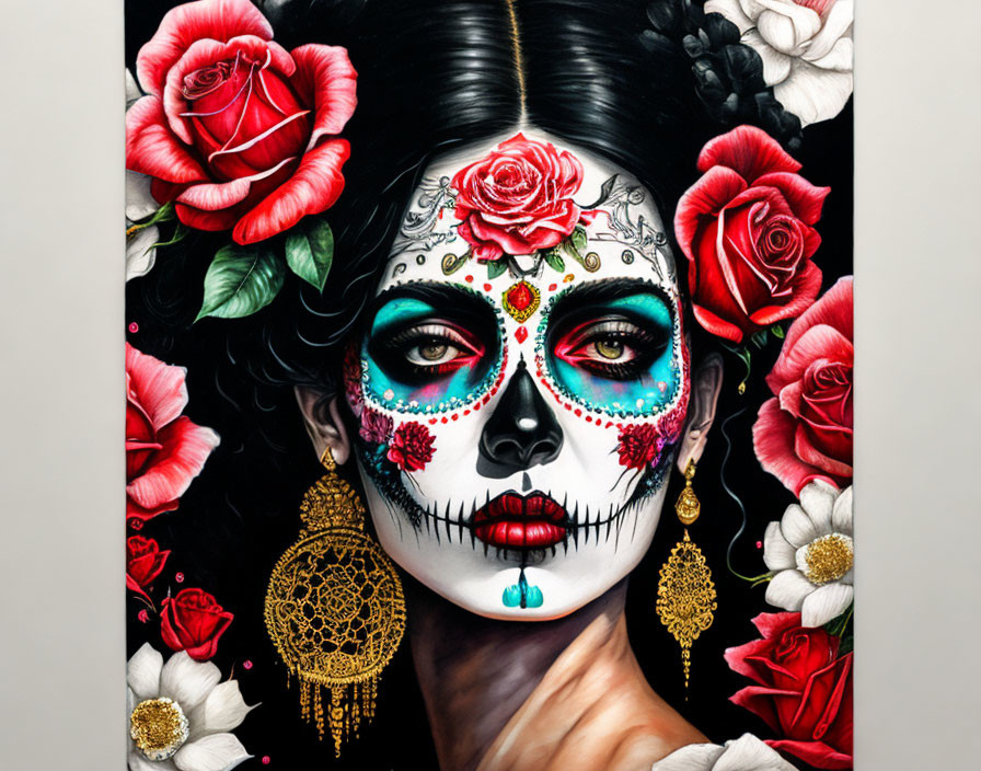 Woman with Dia de los Muertos skull makeup in red roses and black background