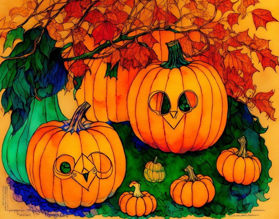 Colorful Halloween painting featuring carved pumpkins and autumn leaves.