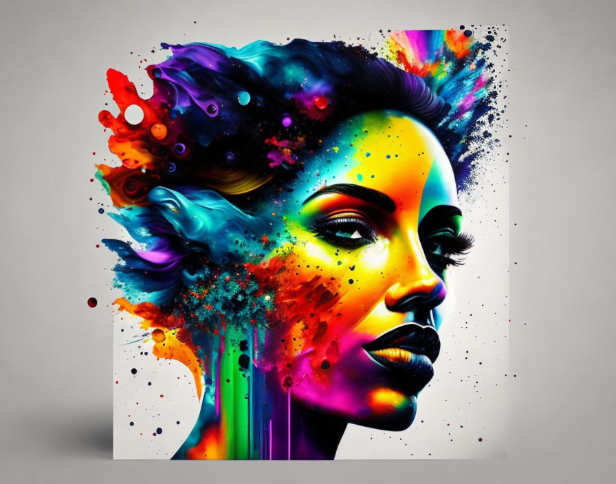 Colorful digital artwork: Woman's profile with paint splatter hair