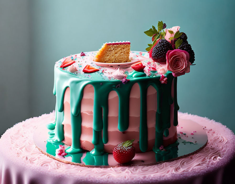 Pink and Turquoise Decorated Cake with Strawberries and Flowers on Pink Stand