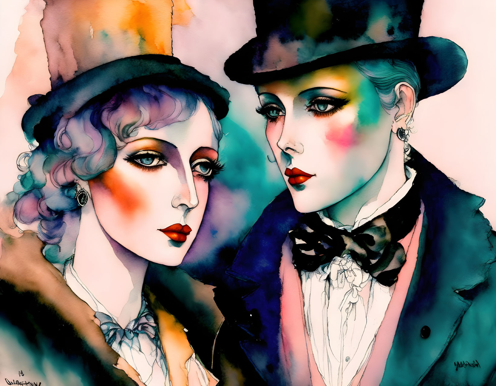 Victorian-era styled couple in vibrant watercolor illustration