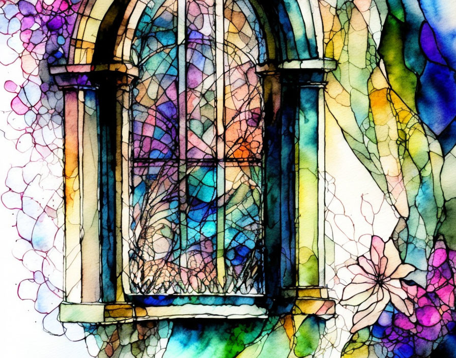 Colorful Watercolor Painting of Stained Glass Window & Floral Pattern