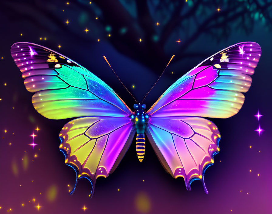 Colorful Butterfly Illustration with Iridescent Wings on Purple Background