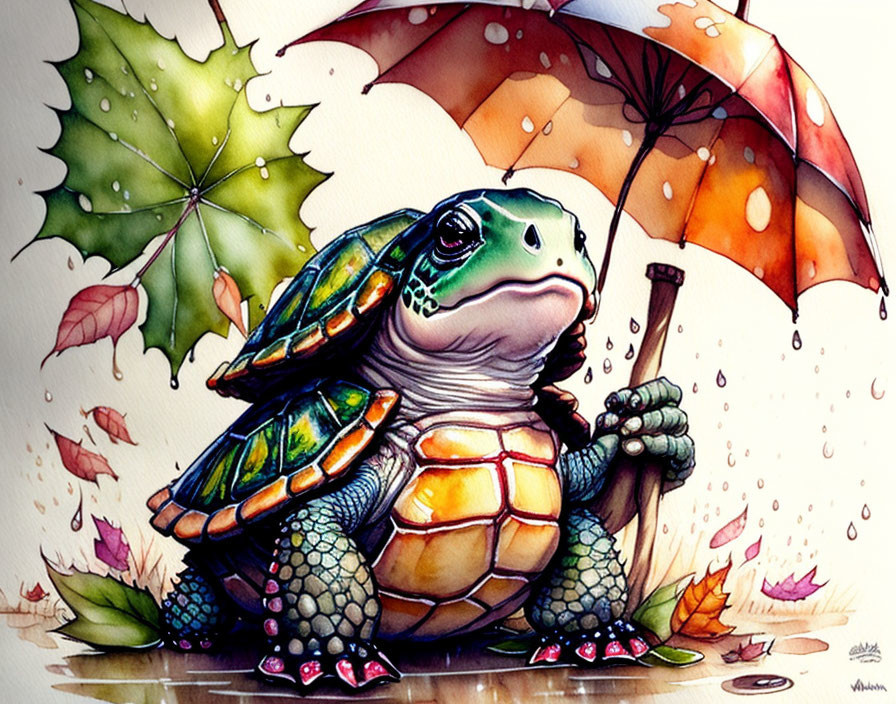 Illustrated turtle with shell holding umbrella in rain and autumn scene