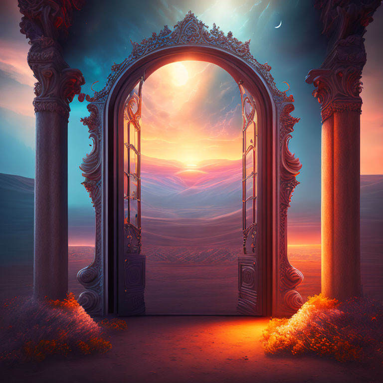 Ornate open door in surreal landscape with vibrant sunset and crescent moon