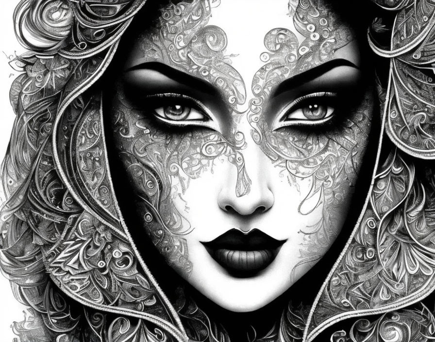 Detailed Monochrome Woman Illustration with Ornate Patterns