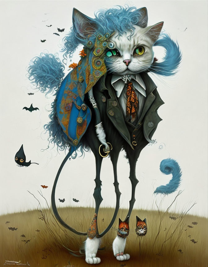 Blue-furred anthropomorphic cat in elegant attire with whimsical floating fish and bat-kite.