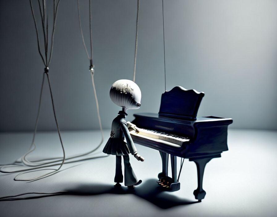 Puppet with strings beside grand piano in dimly lit scene