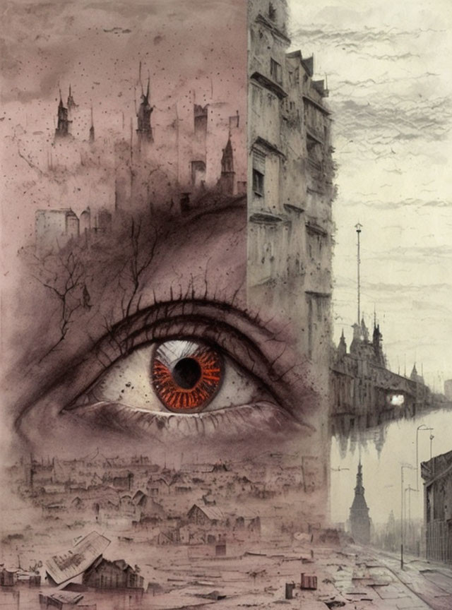 Detailed eye and cityscape blend in surreal artwork.