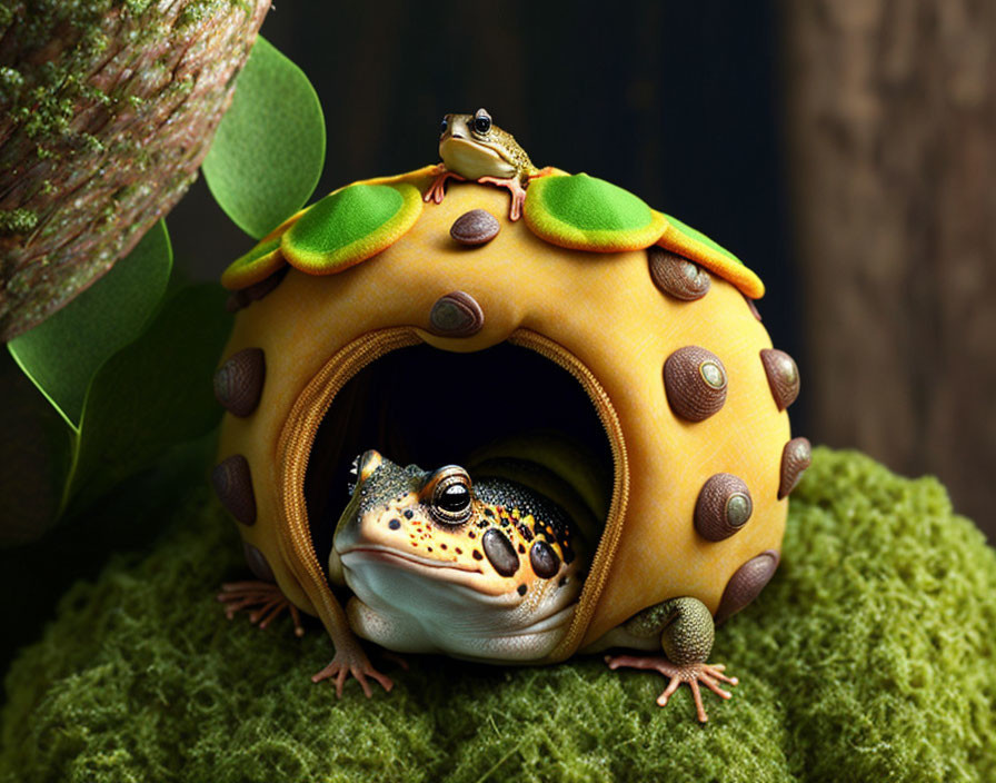 Colorful Frogs on Doughnut-Shaped House in Dark Setting