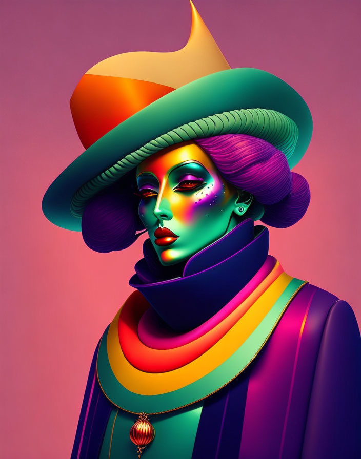 Colorful digital portrait of a stylized woman with unique features and vibrant attire.