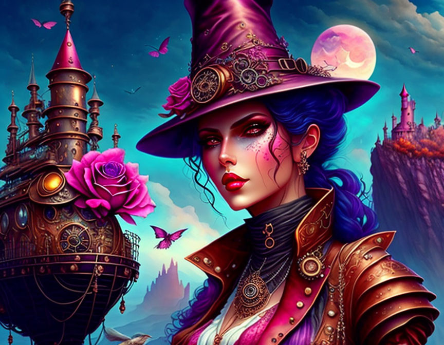 Colorful steampunk woman with blue hair and gear-adorned hat, set against a fantasy