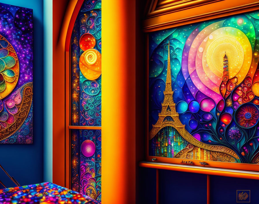 Colorful room with psychedelic wall art, Eiffel Tower, floral and celestial patterns, sunset view