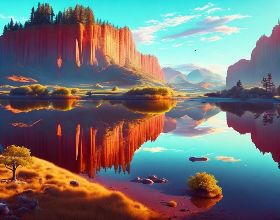 Tranquil landscape with red cliffs, reflective lake, greenery, and golden sunlight