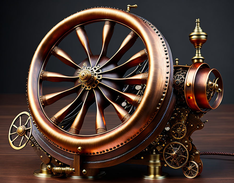 Steampunk-style machine with copper wheel and gears on wooden table