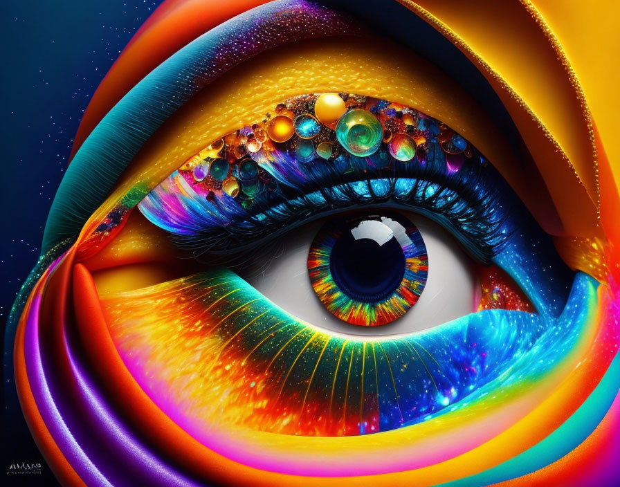 Vibrant swirls and bubbles overlaying a colorful human eye