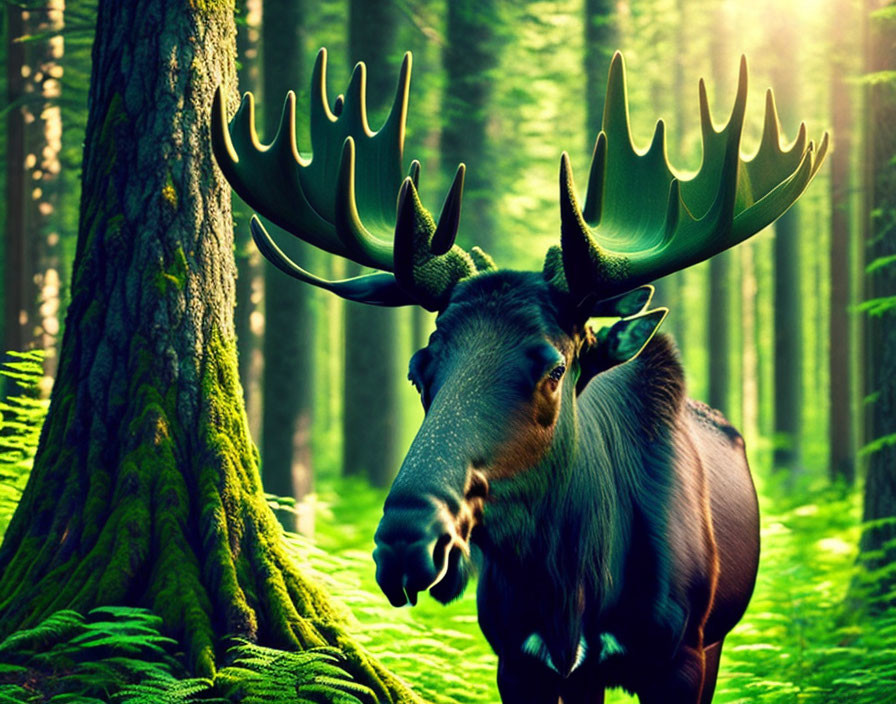 Large-antlered moose in vibrant green forest under sunlight.